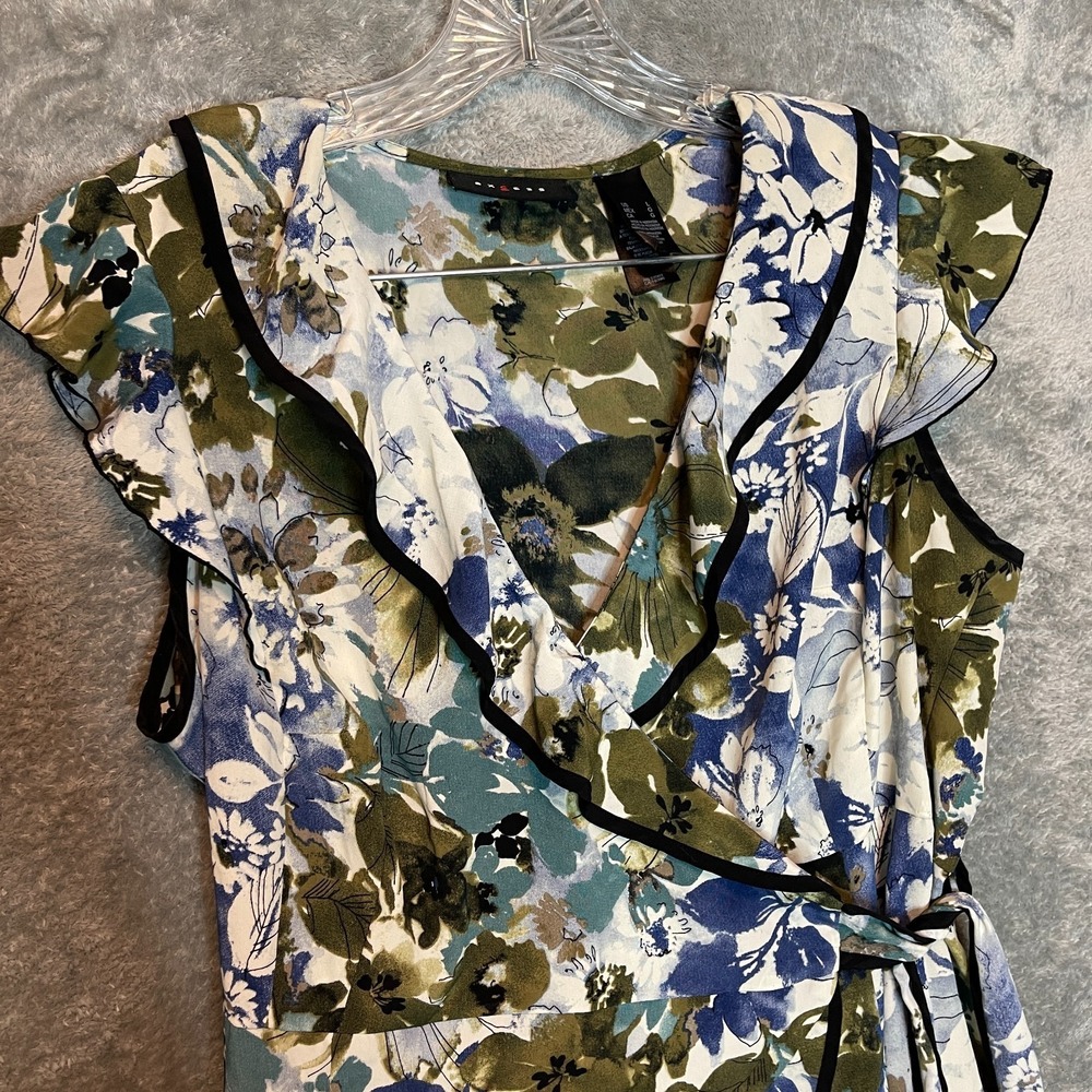 Women Floral Wrap Top L Flirty Feminine Casual Carefree Dark Cape Cod Yacht